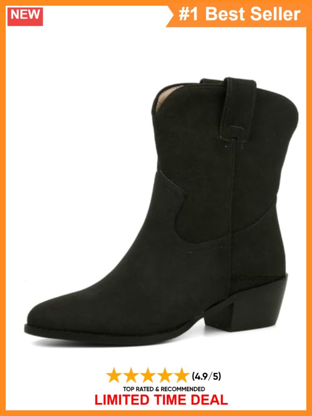 Faux Suede Western Ankle Boots Pointed Toe Chunky Heel Pull On